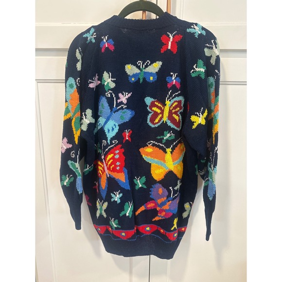 Handknit granny core Butterfly boho Cardigan Navy Blue Cotton Women's S/M whimsy - Picture 7 of 8